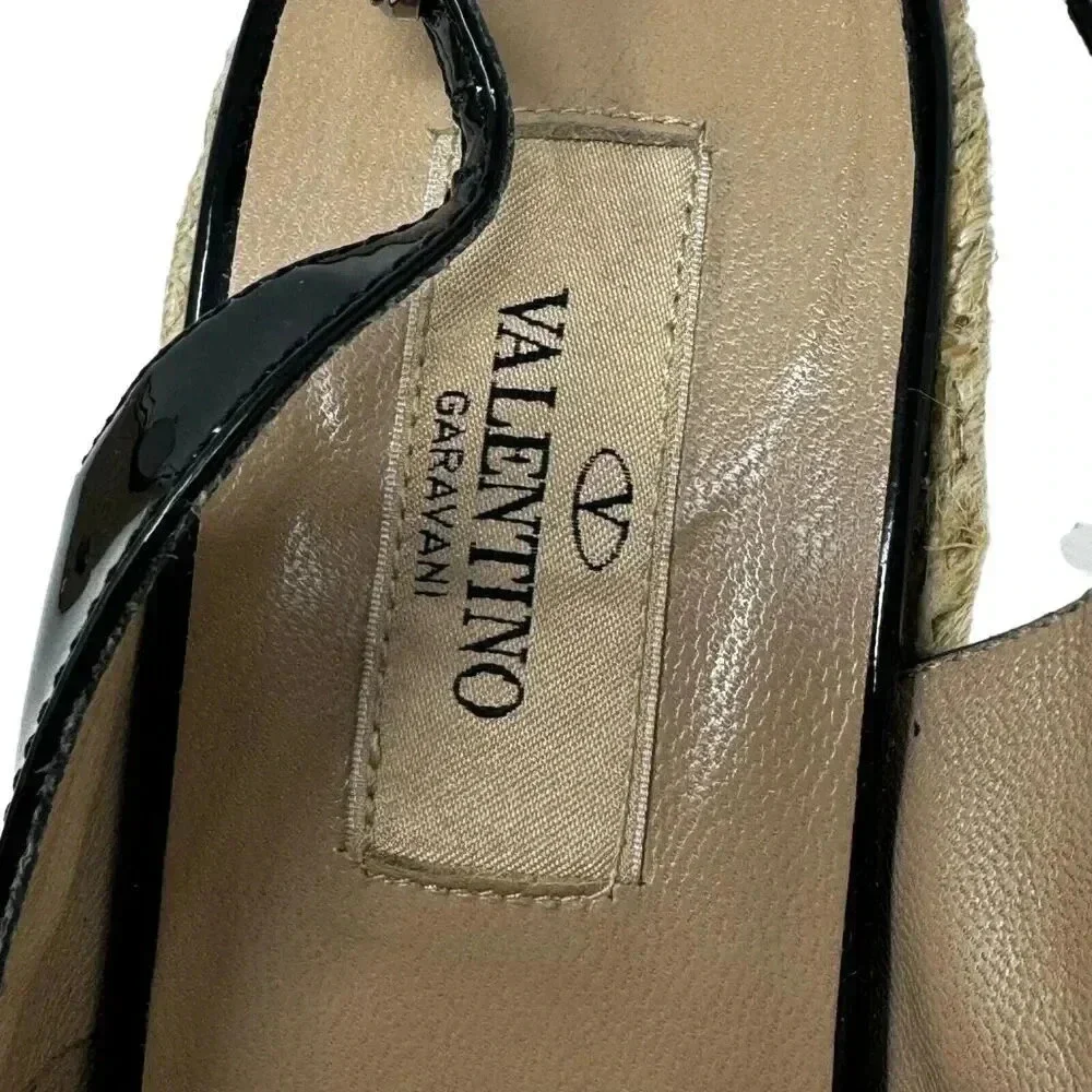 Valentino Garavani size 7 37 Espadrille Wedge Black patent leather sandal w/box